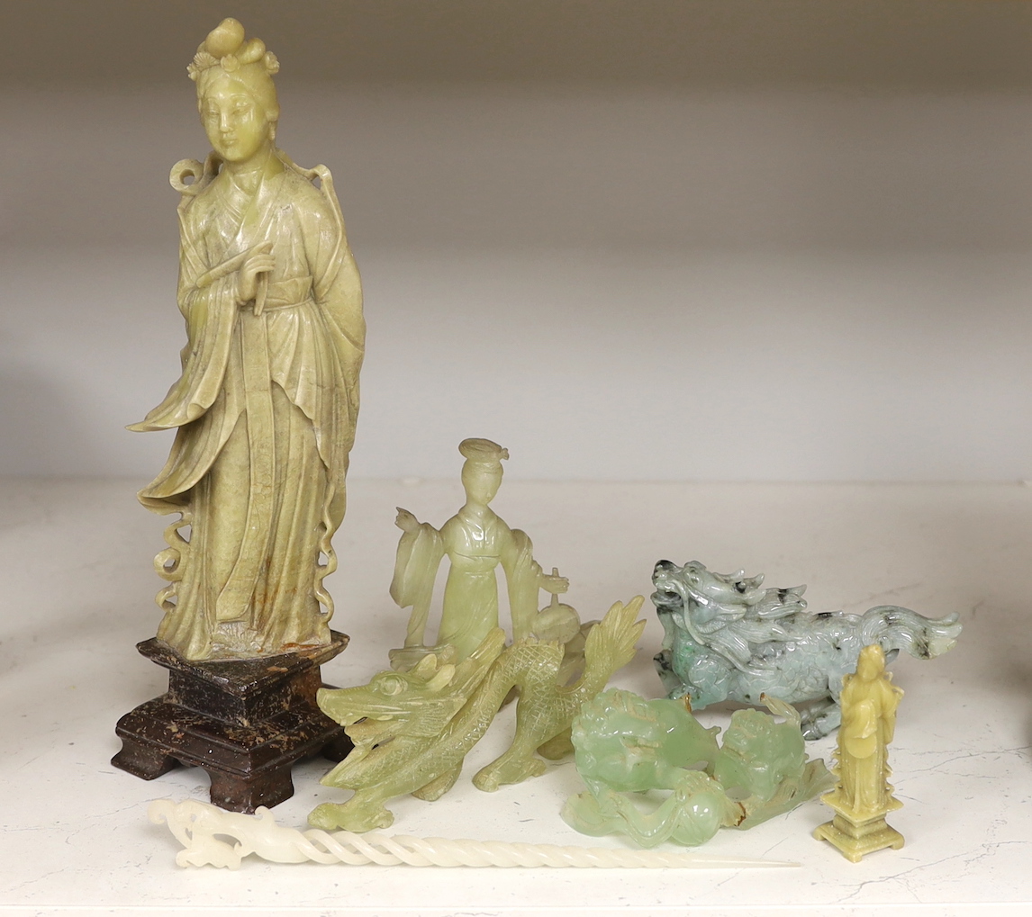 A Chinese soapstone figure, a jadeite figure of a qilin and various bowenite figures etc., tallest 30cm
